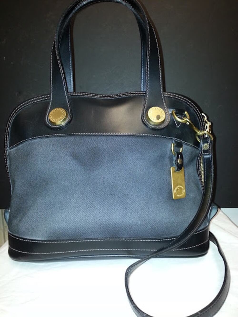Dooney Bourke Purse Black Handbag Flat Bottom Patent Leather and Canvas Satchel